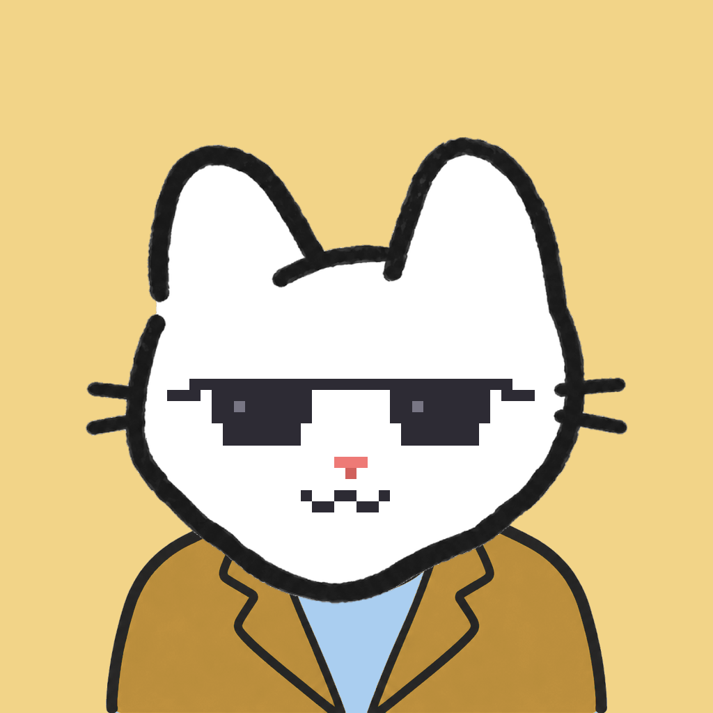 Employee #0495 — a white cat, in a mustard suit, wearing shades glasses, on butter