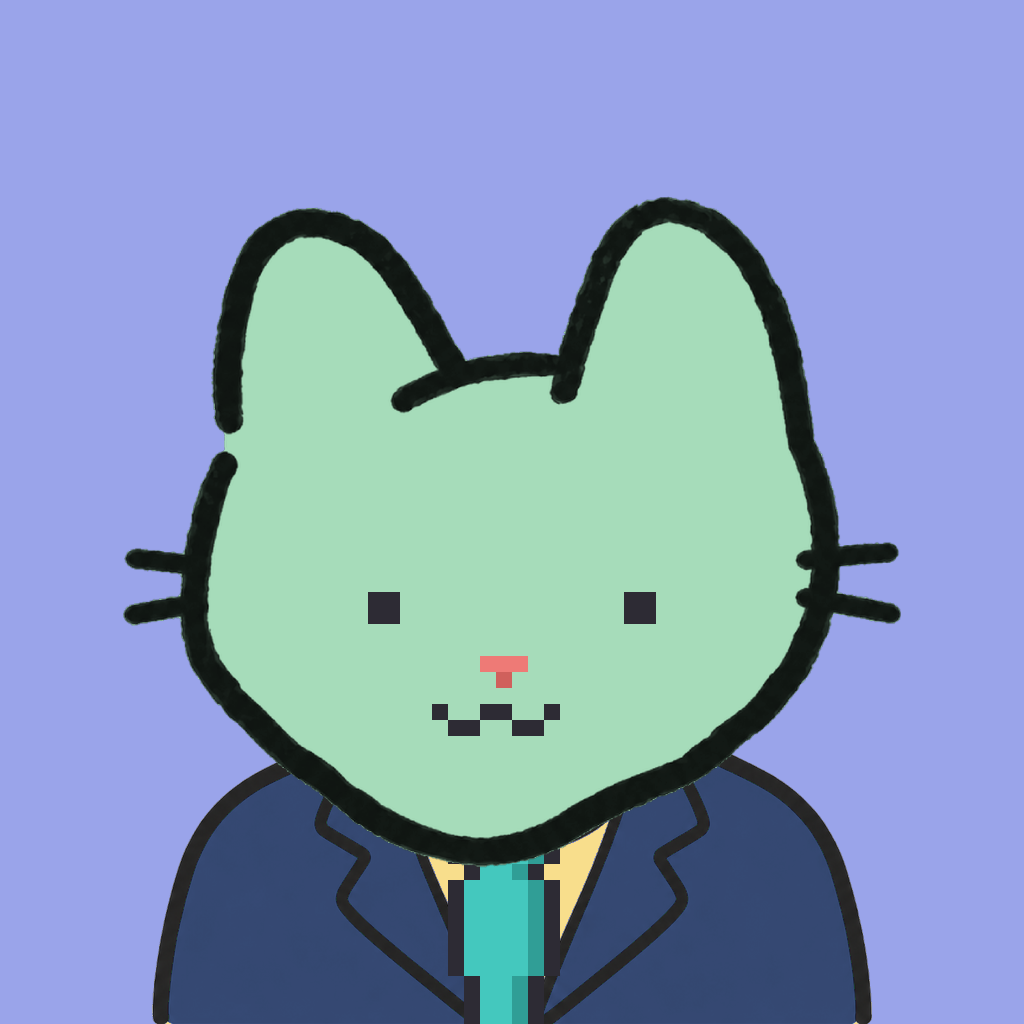 Employee #0496 — a mint cat, in a navy suit, with a teal tie, on periwinkle