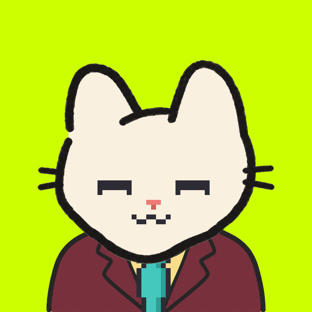 Employee #0497 — a cream cat, in a burgundy suit, with a teal tie, on volt