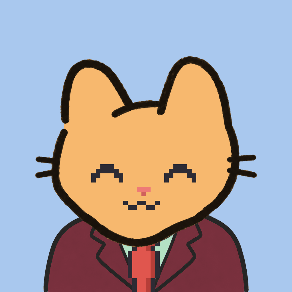Employee #0498 — a tabby cat, in a burgundy suit, with a red tie, on sky