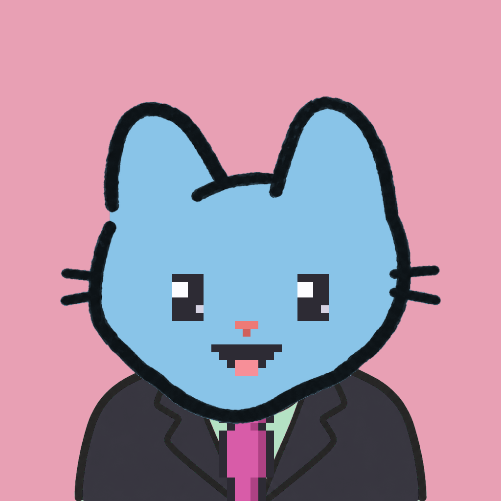 Employee #0499 — a sky cat, in a black suit, with a magenta tie, on rose