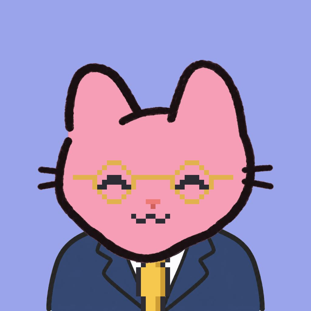Employee #0005 — a pink cat, in a navy suit, with a gold tie, wearing round-gold glasses, on periwinkle