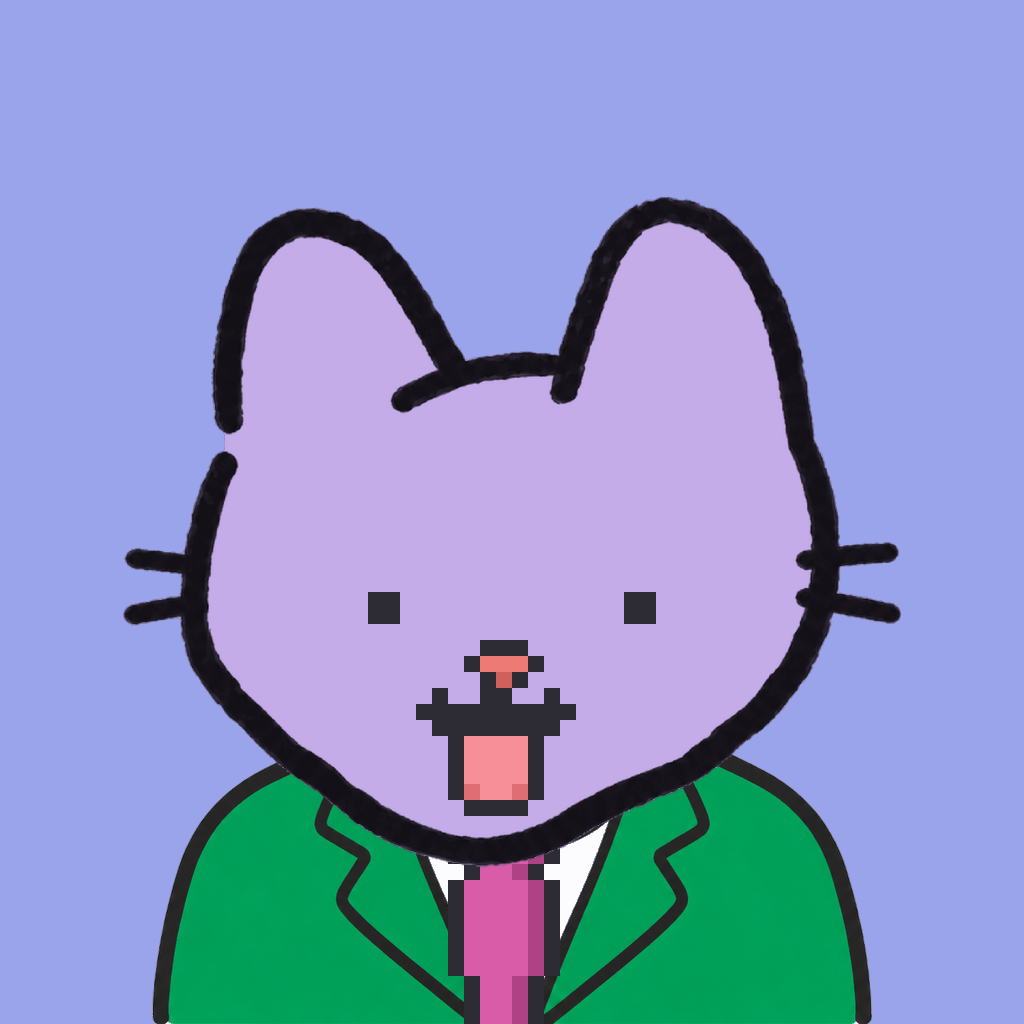 Employee #0050 — a lavender cat, in a green suit, with a magenta tie, on periwinkle