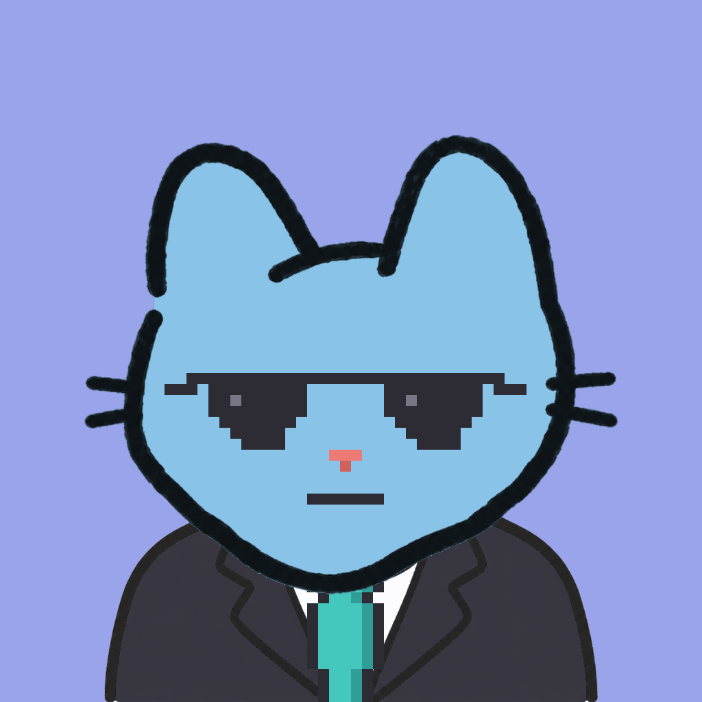 Employee #0500 — a sky cat, in a black suit, with a teal tie, wearing shades glasses, on periwinkle