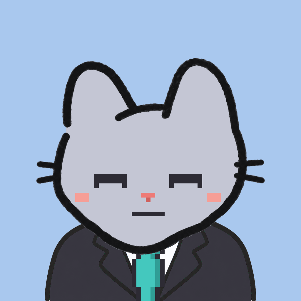 Employee #0501 — a gray cat, in a black suit, with a teal tie, on sky
