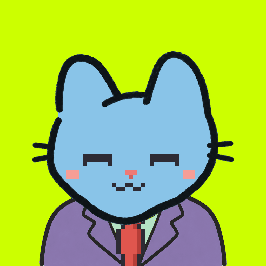 Employee #0502 — a sky cat, in a lavender suit, with a red tie, on volt