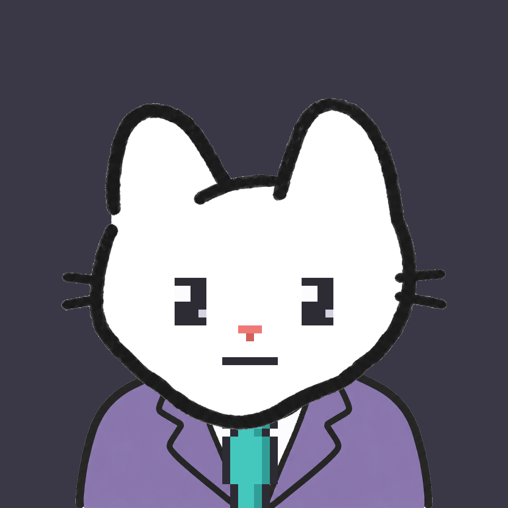 Employee #0503 — a white cat, in a lavender suit, with a teal tie, on charcoal