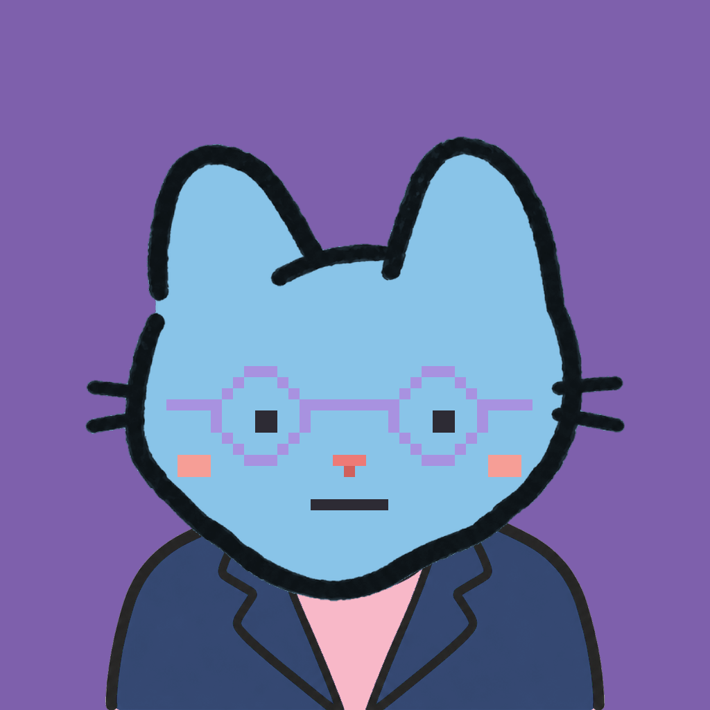 Employee #0504 — a sky cat, in a navy suit, wearing round-lavender glasses, on plasma violet