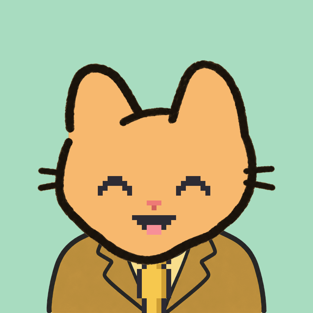 Employee #0505 — a tabby cat, in a mustard suit, with a gold tie, on mint