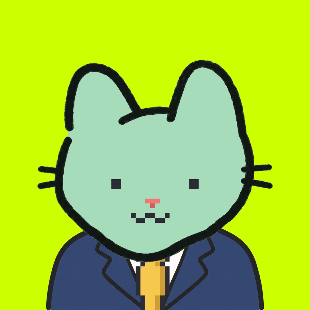 Employee #0506 — a mint cat, in a navy suit, with a gold tie, on volt