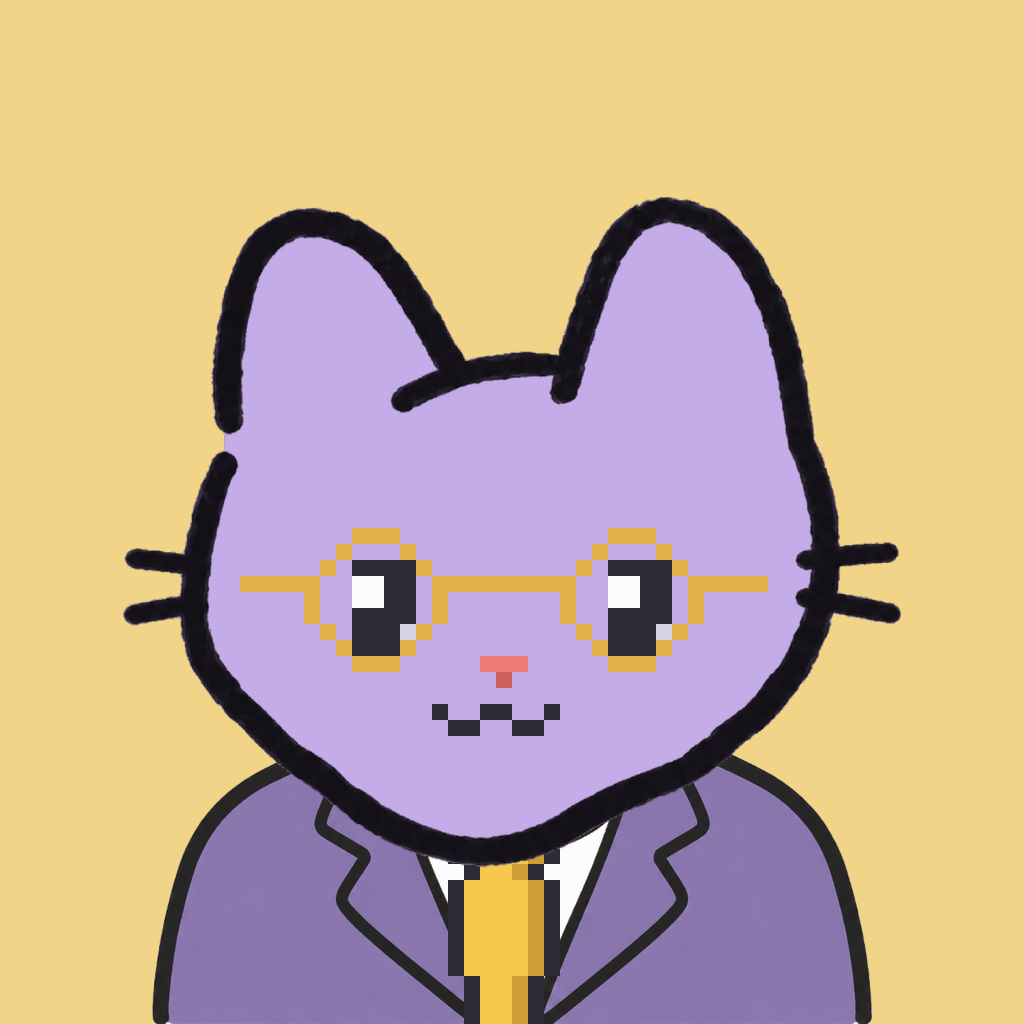 Employee #0507 — a lavender cat, in a lavender suit, with a gold tie, wearing round-gold glasses, on butter