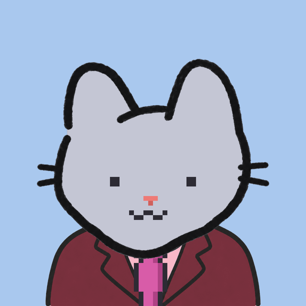 Employee #0508 — a gray cat, in a burgundy suit, with a magenta tie, on sky