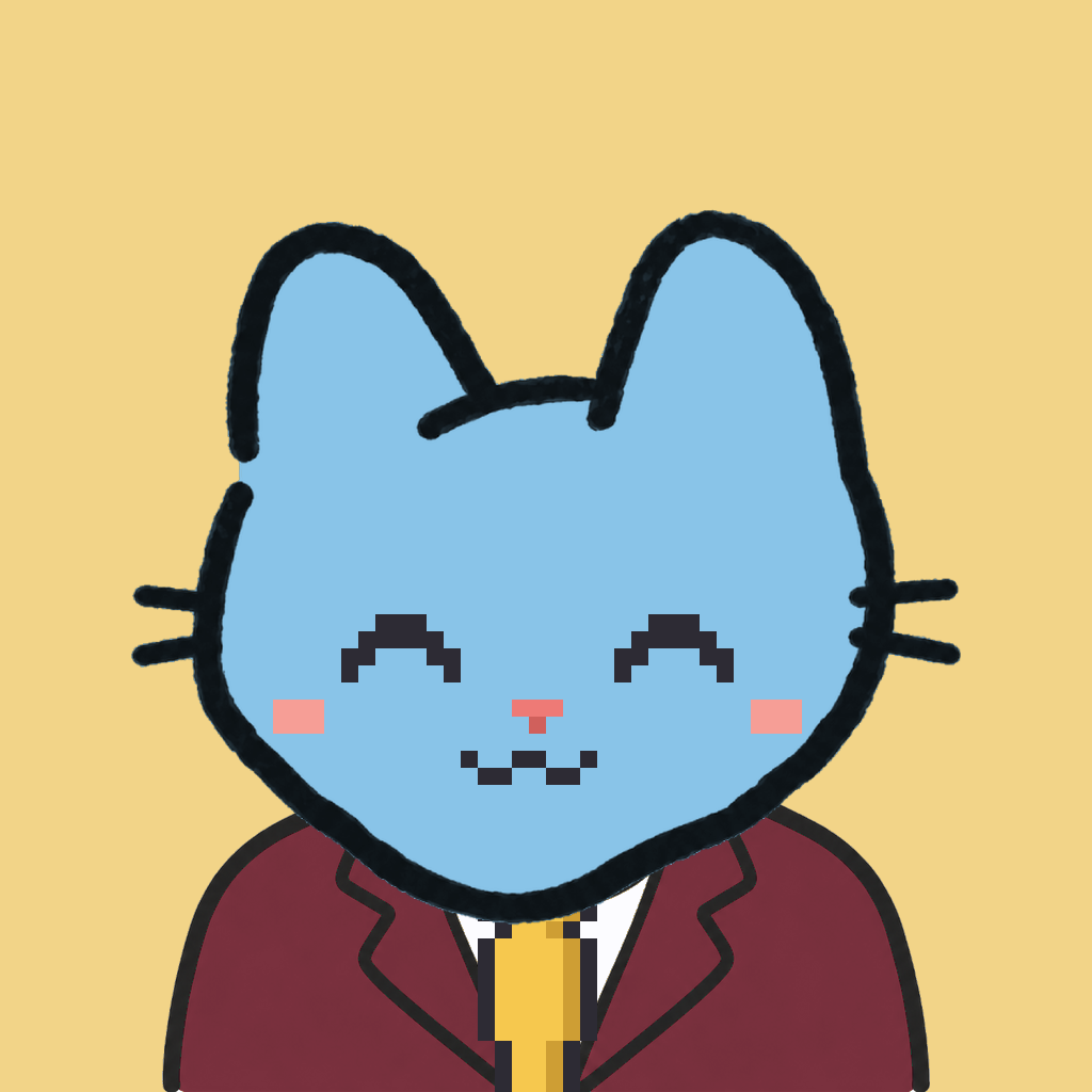 Employee #0509 — a sky cat, in a burgundy suit, with a gold tie, on butter