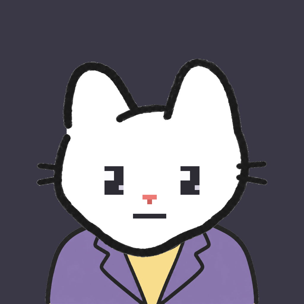 Employee #0051 — a white cat, in a lavender suit, on charcoal