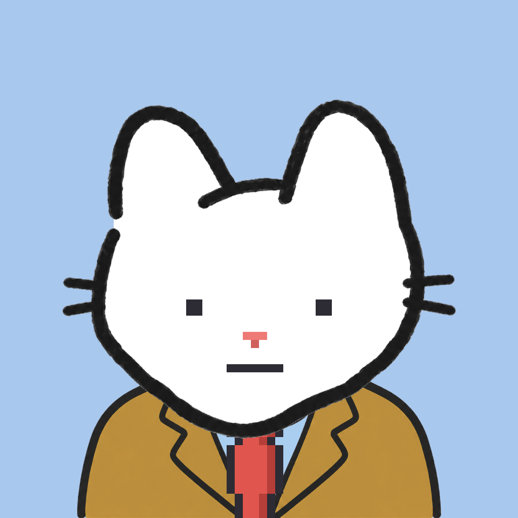 Employee #0510 — a white cat, in a mustard suit, with a red tie, on sky