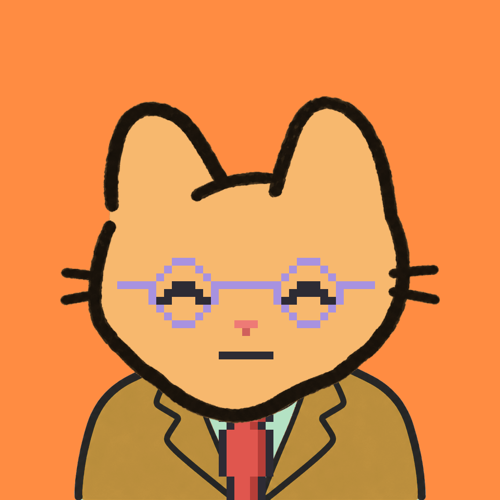 Employee #0511 — a tabby cat, in a mustard suit, with a red tie, wearing round-lavender glasses, on tangerine
