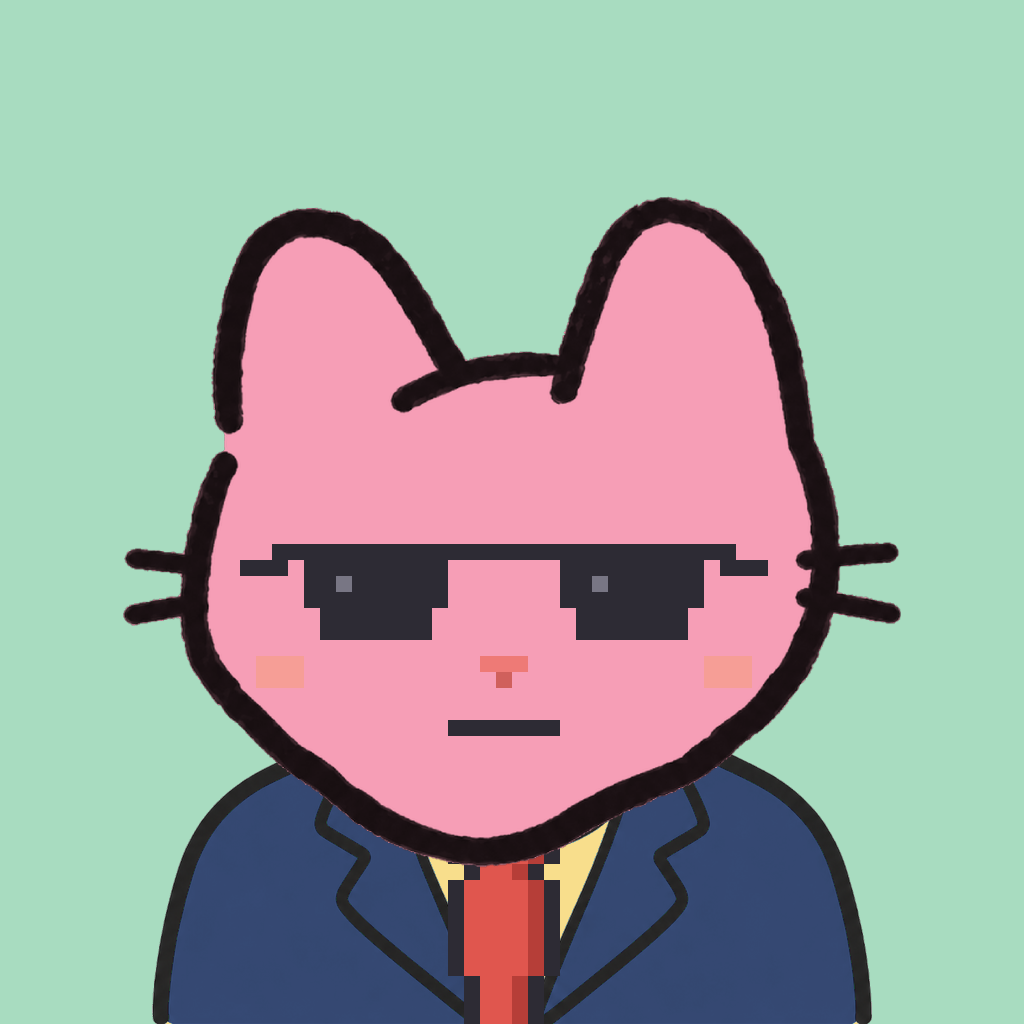 Employee #0512 — a pink cat, in a navy suit, with a red tie, wearing shades glasses, on mint