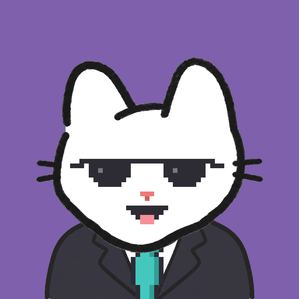 Employee #0513 — a white cat, in a black suit, with a teal tie, wearing shades glasses, on plasma violet