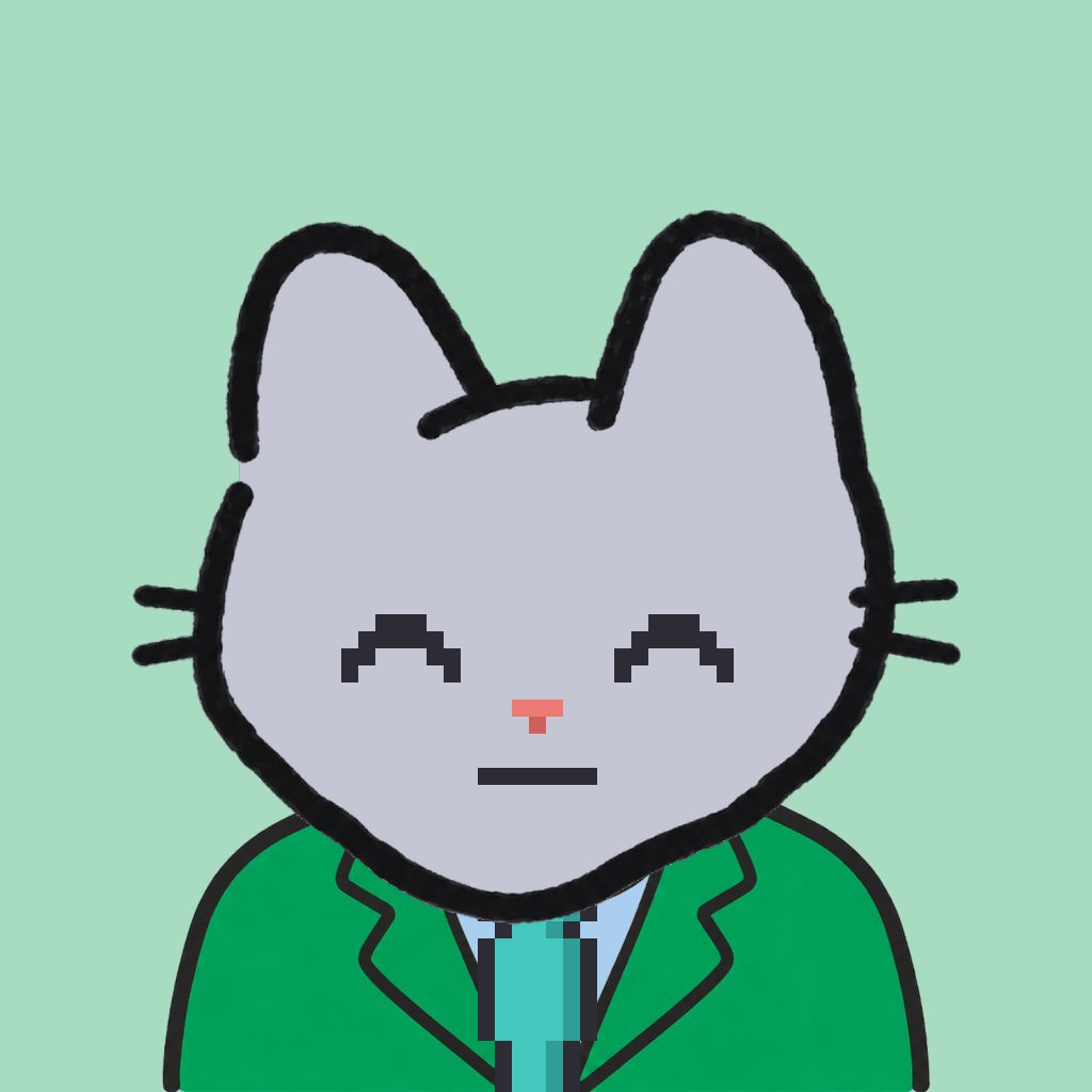 Employee #0514 — a gray cat, in a green suit, with a teal tie, on mint