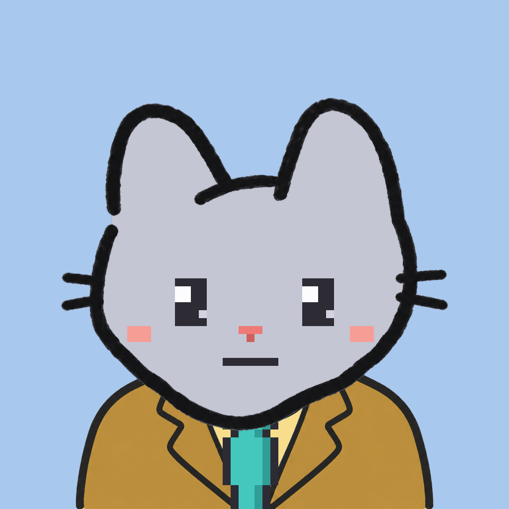 Employee #0515 — a gray cat, in a mustard suit, with a teal tie, on sky