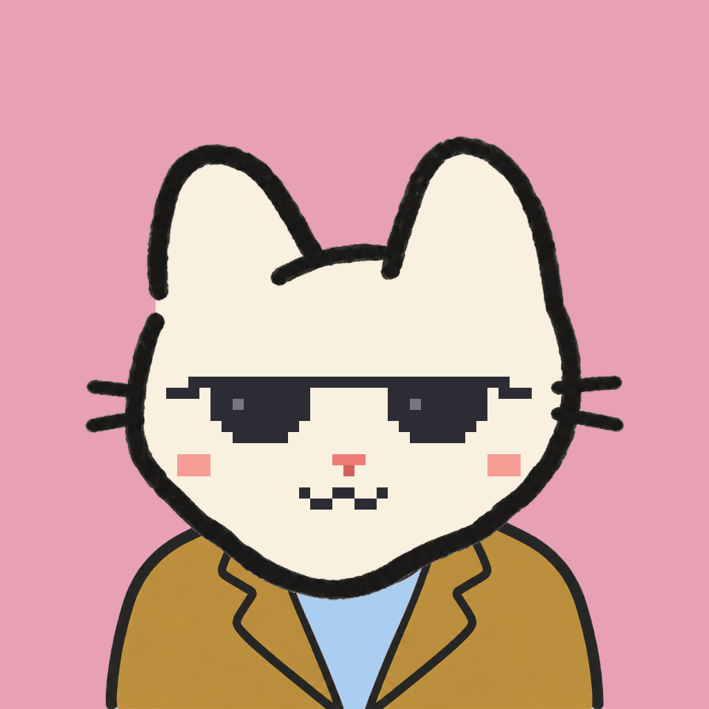 Employee #0516 — a cream cat, in a mustard suit, wearing shades glasses, on rose