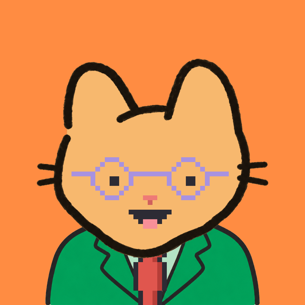 Employee #0517 — a tabby cat, in a green suit, with a red tie, wearing round-lavender glasses, on tangerine