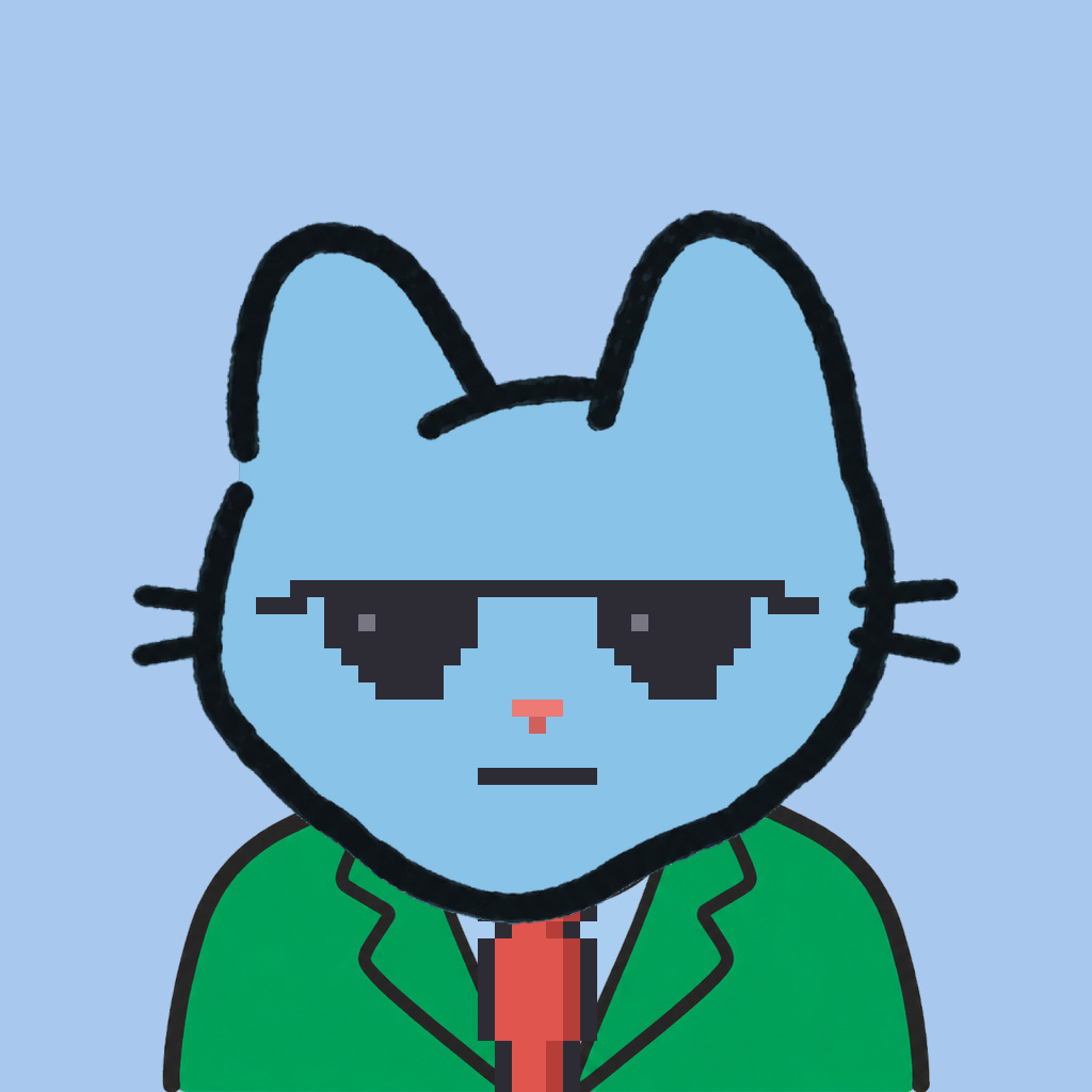Employee #0518 — a sky cat, in a green suit, with a red tie, wearing shades glasses, on sky