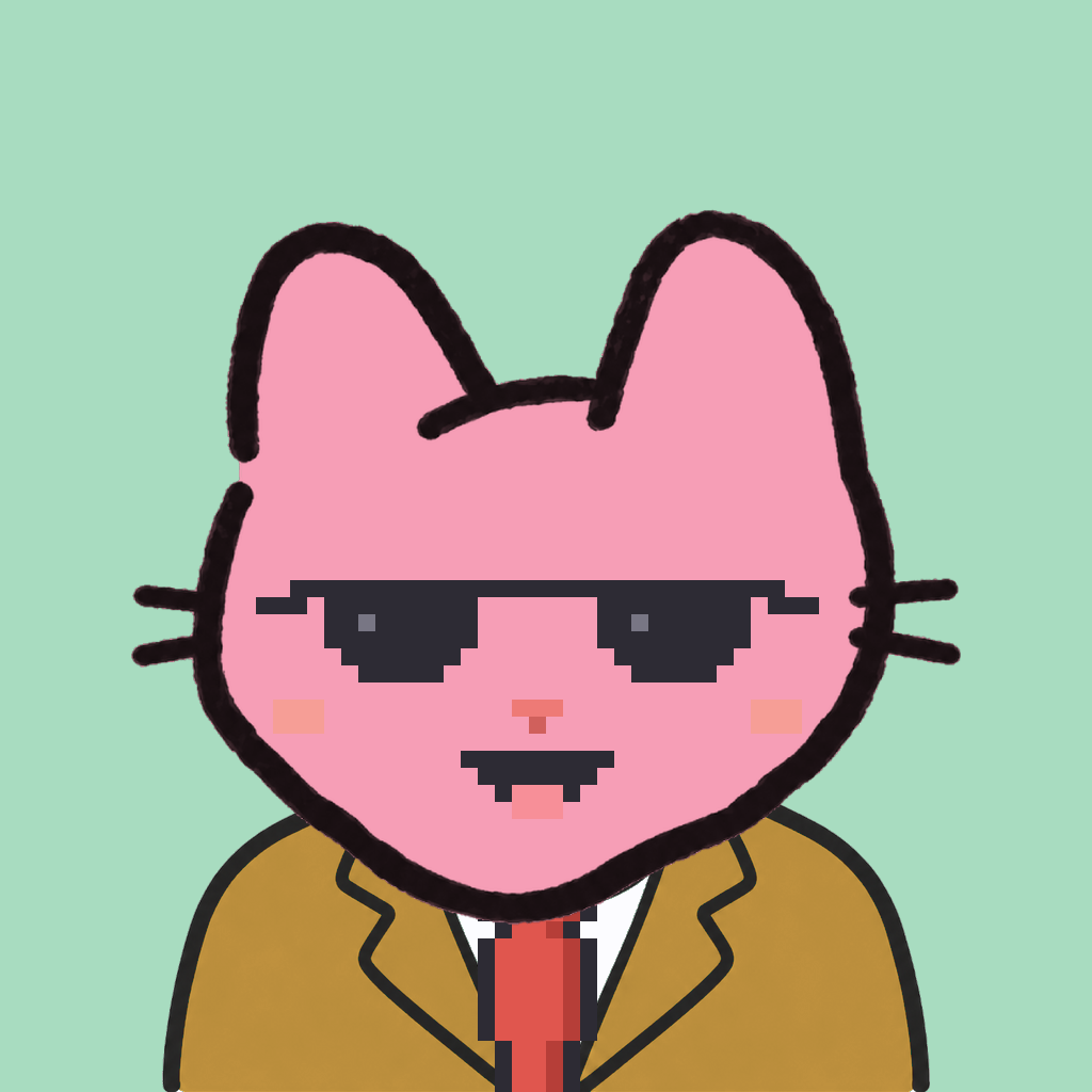 Employee #0519 — a pink cat, in a mustard suit, with a red tie, wearing shades glasses, on mint