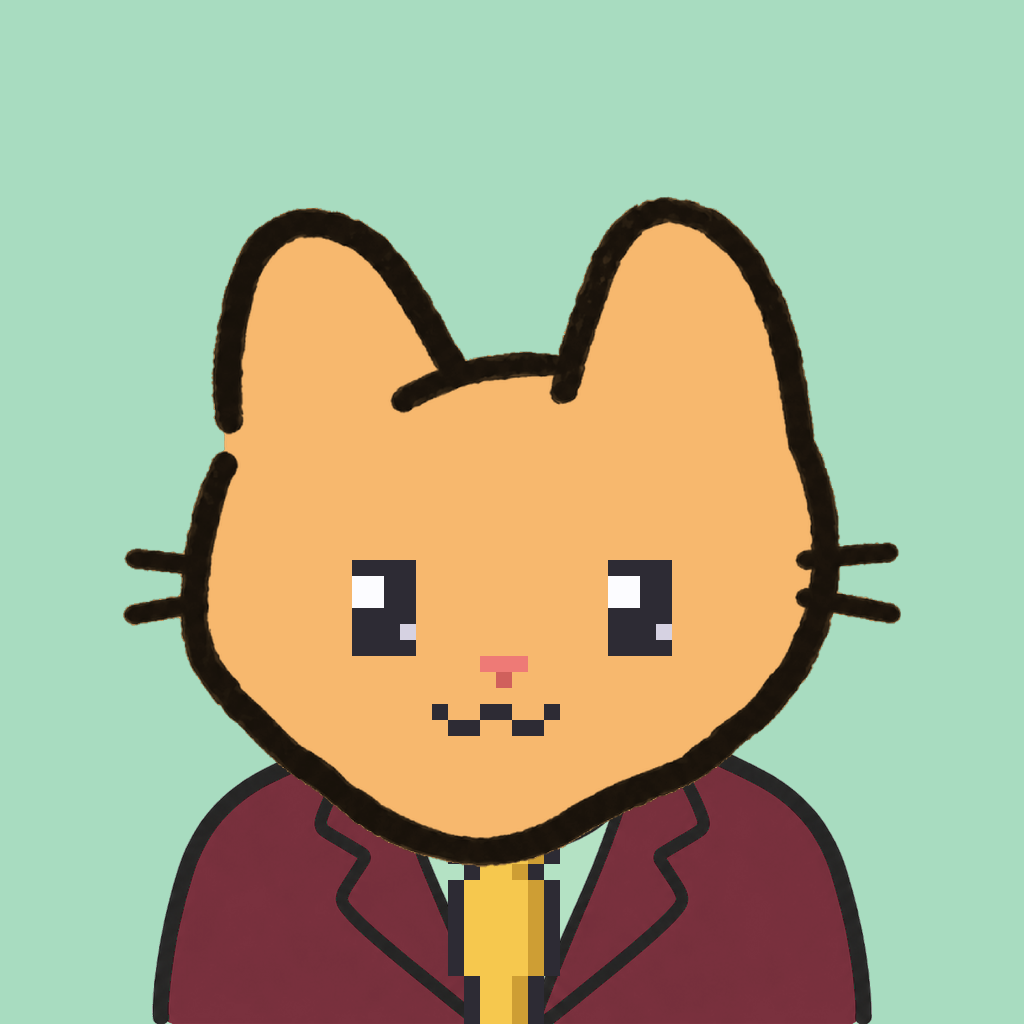 Employee #0520 — a tabby cat, in a burgundy suit, with a gold tie, on mint