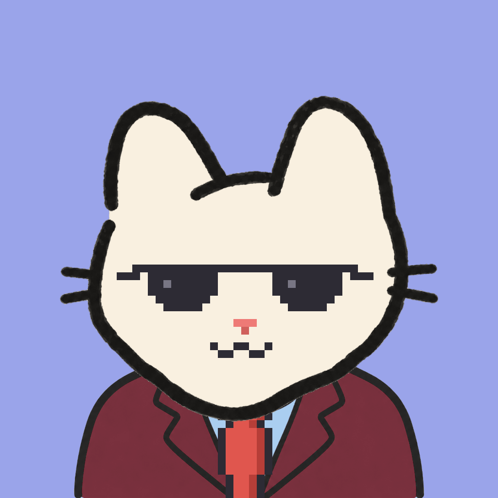 Employee #0521 — a cream cat, in a burgundy suit, with a red tie, wearing shades glasses, on periwinkle