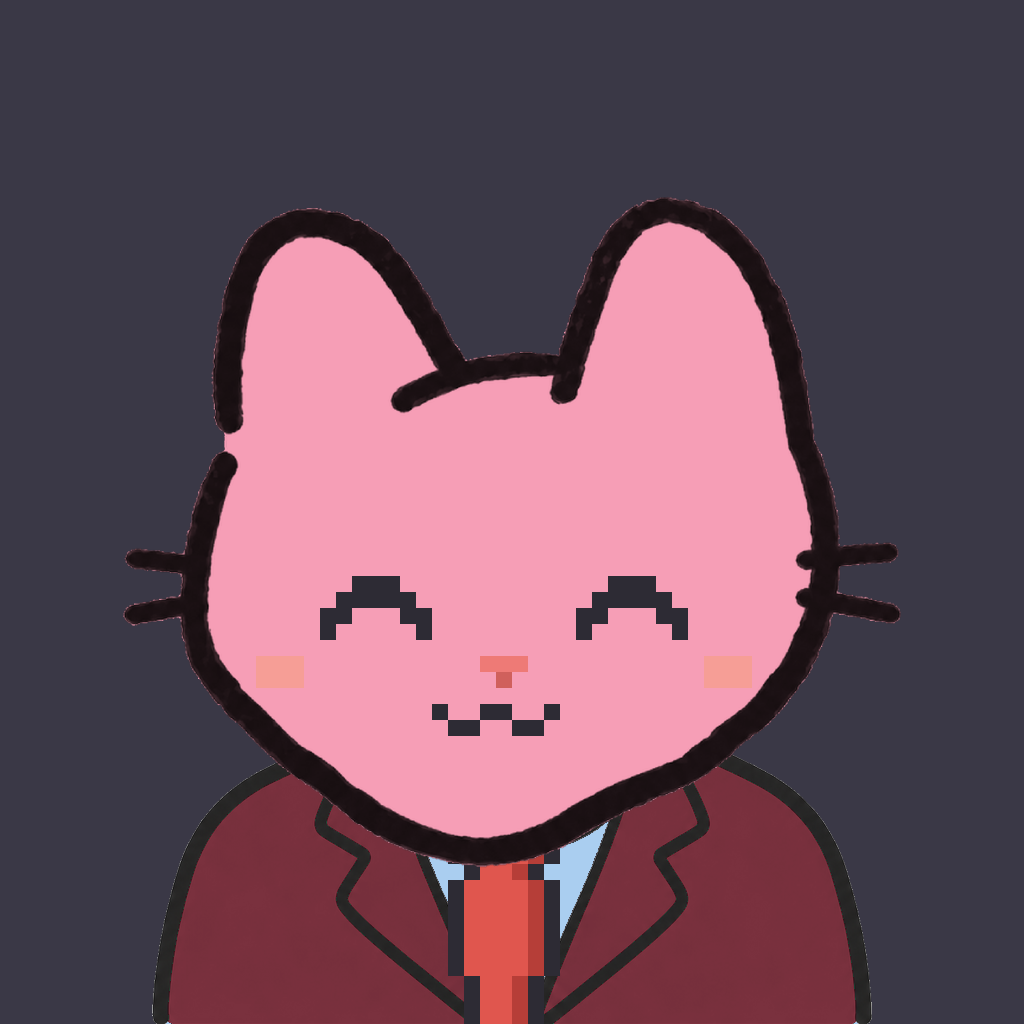 Employee #0522 — a pink cat, in a burgundy suit, with a red tie, on charcoal