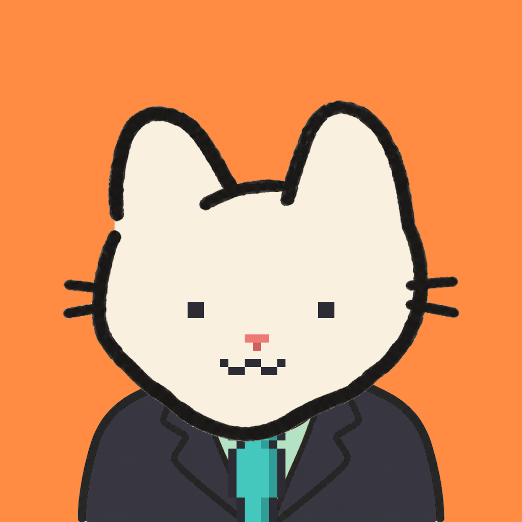 Employee #0523 — a cream cat, in a black suit, with a teal tie, on tangerine