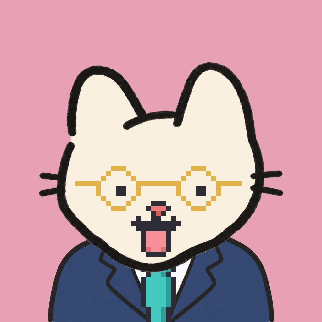 Employee #0524 — a cream cat, in a navy suit, with a teal tie, wearing round-gold glasses, on rose