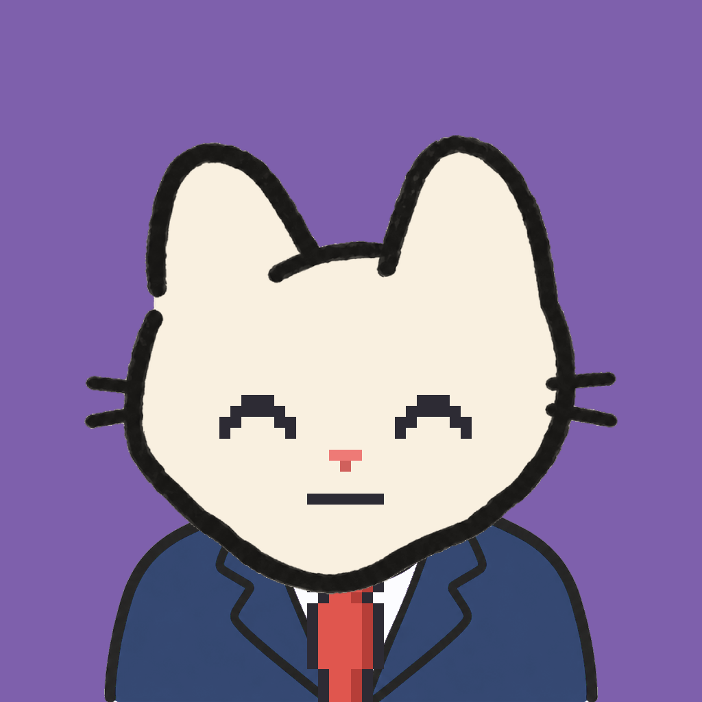 Employee #0525 — a cream cat, in a navy suit, with a red tie, on plasma violet