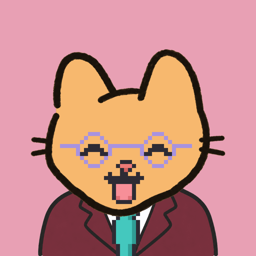 Employee #0526 — a tabby cat, in a burgundy suit, with a teal tie, wearing round-lavender glasses, on rose