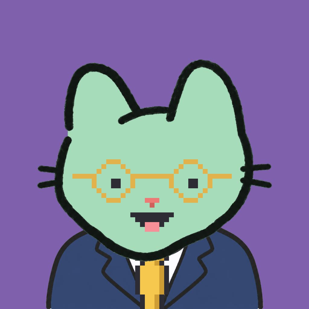 Employee #0527 — a mint cat, in a navy suit, with a gold tie, wearing round-gold glasses, on plasma violet