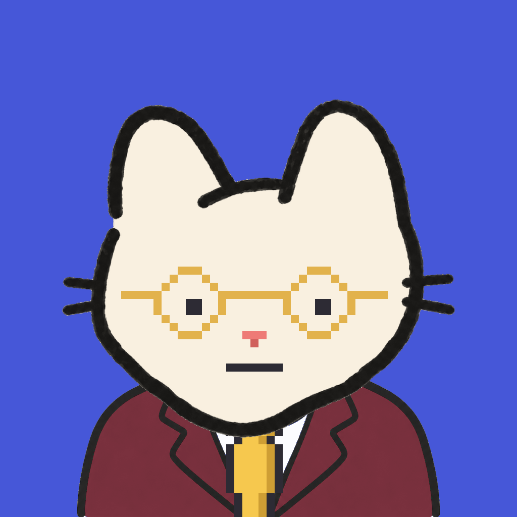Employee #0528 — a cream cat, in a burgundy suit, with a gold tie, wearing round-gold glasses, on royal