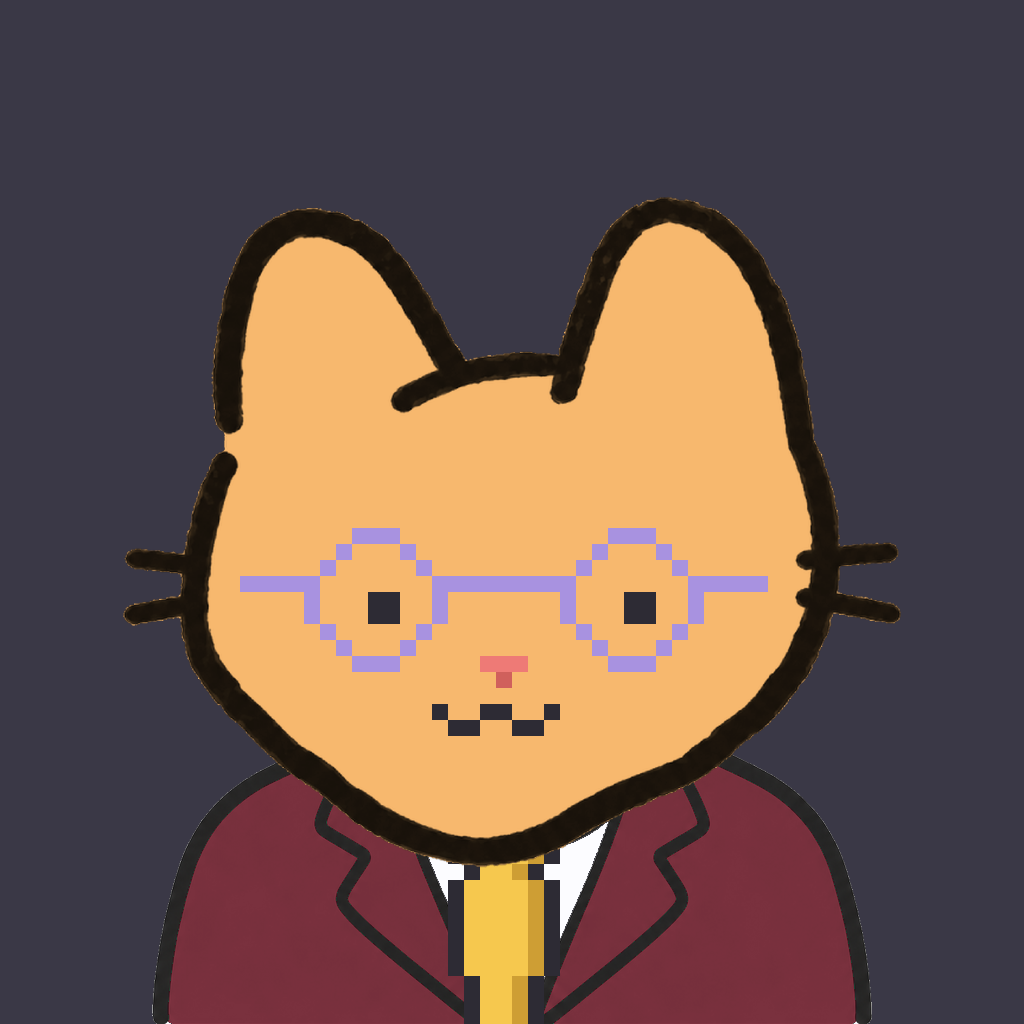 Employee #0529 — a tabby cat, in a burgundy suit, with a gold tie, wearing round-lavender glasses, on charcoal