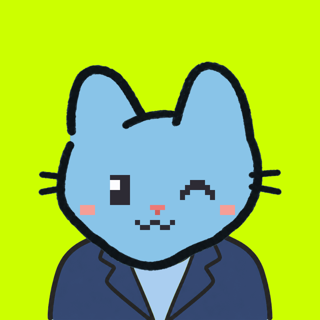 Employee #0053 — a sky cat, in a navy suit, on volt