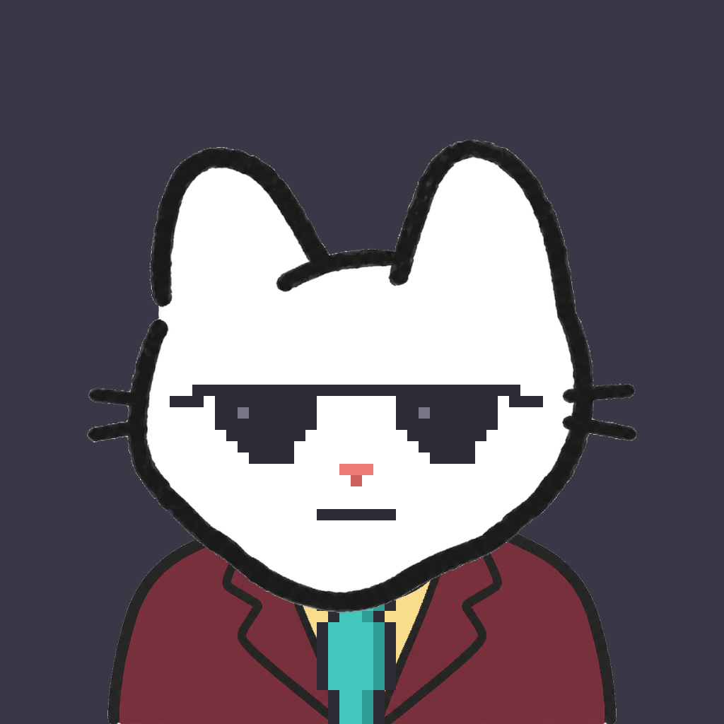 Employee #0530 — a white cat, in a burgundy suit, with a teal tie, wearing shades glasses, on charcoal