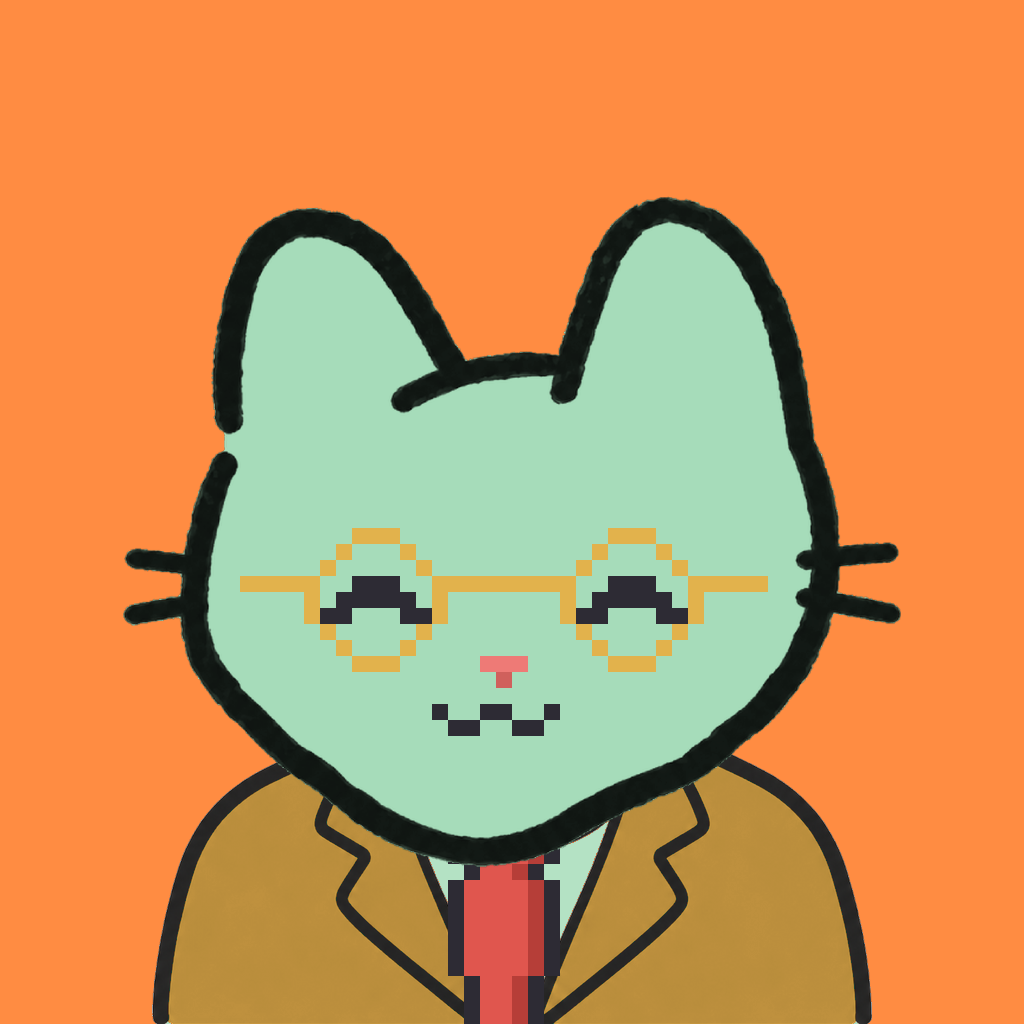 Employee #0531 — a mint cat, in a mustard suit, with a red tie, wearing round-gold glasses, on tangerine
