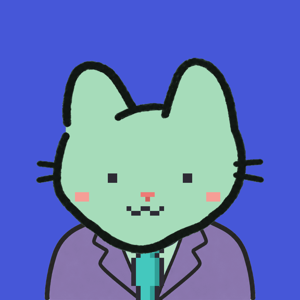 Employee #0532 — a mint cat, in a lavender suit, with a teal tie, on royal