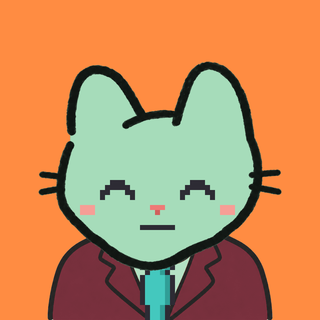 Employee #0533 — a mint cat, in a burgundy suit, with a teal tie, on tangerine