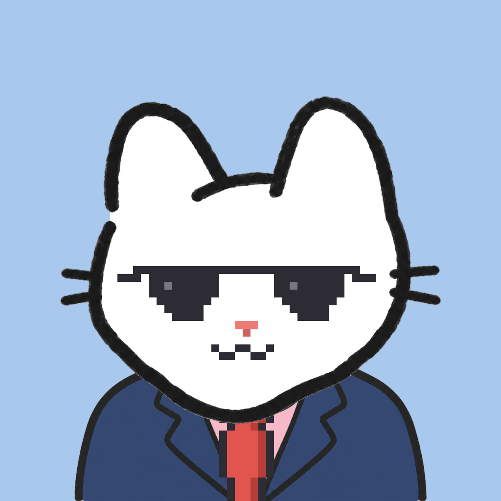 Employee #0534 — a white cat, in a navy suit, with a red tie, wearing shades glasses, on sky