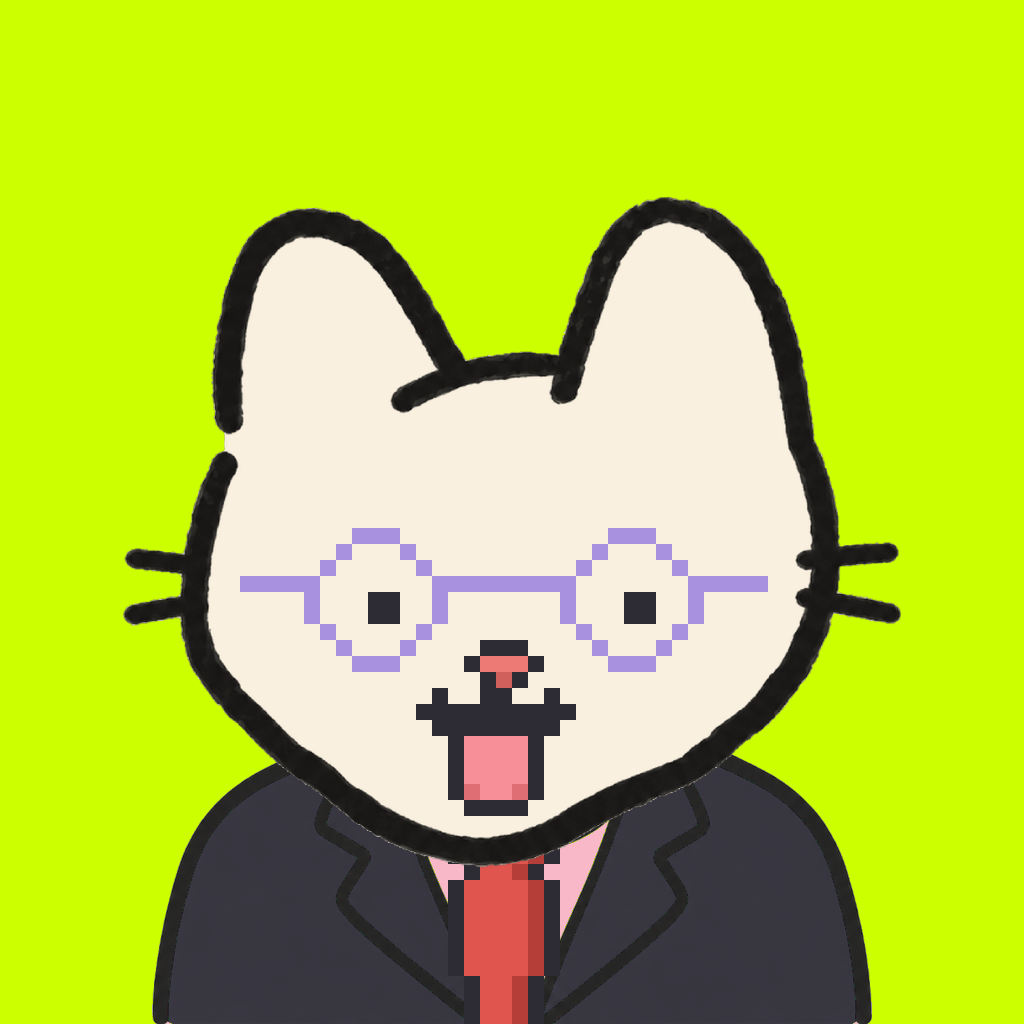 Employee #0535 — a cream cat, in a black suit, with a red tie, wearing round-lavender glasses, on volt