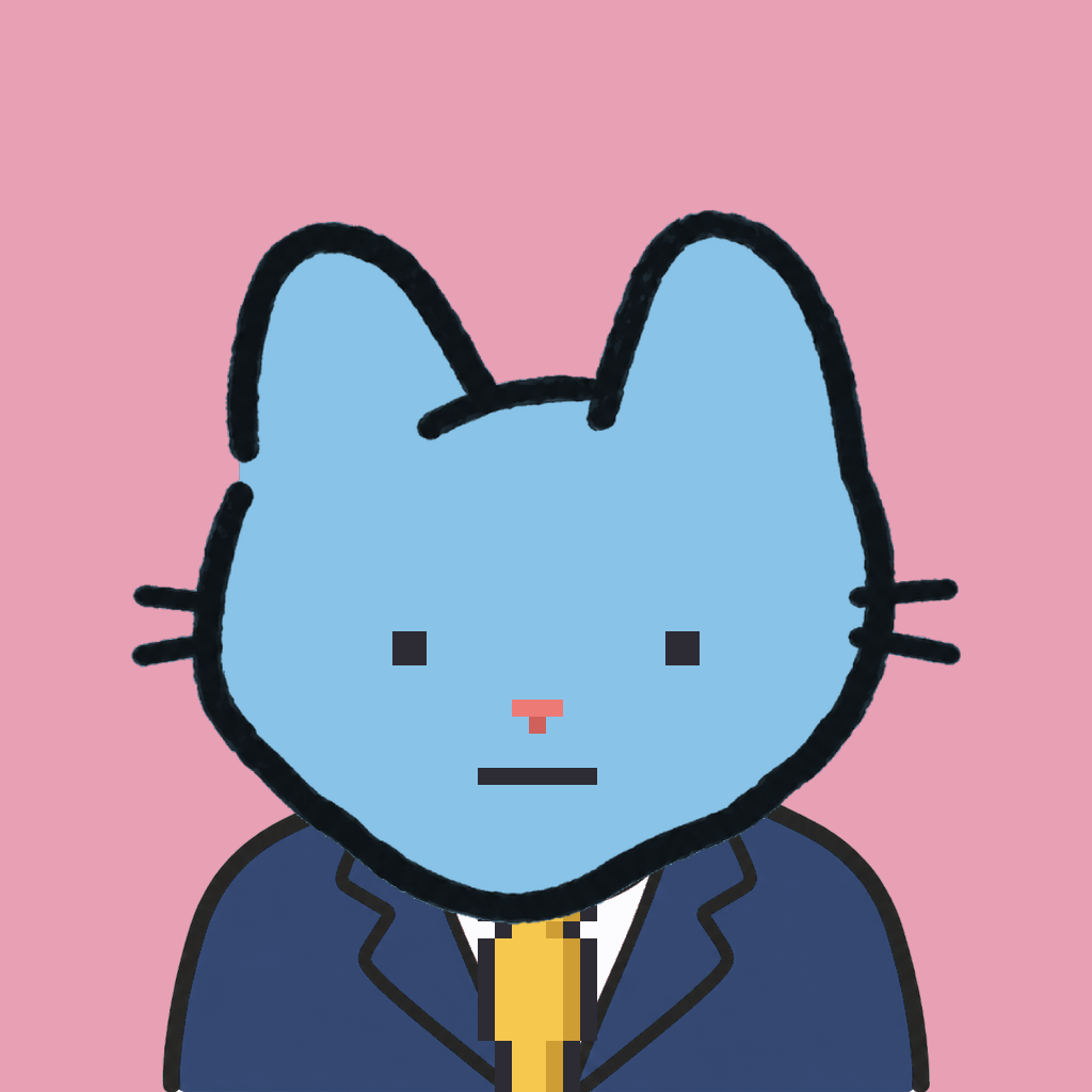 Employee #0536 — a sky cat, in a navy suit, with a gold tie, on rose