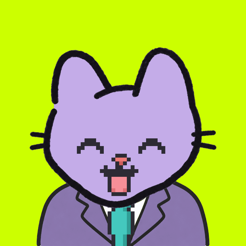 Employee #0537 — a lavender cat, in a lavender suit, with a teal tie, on volt