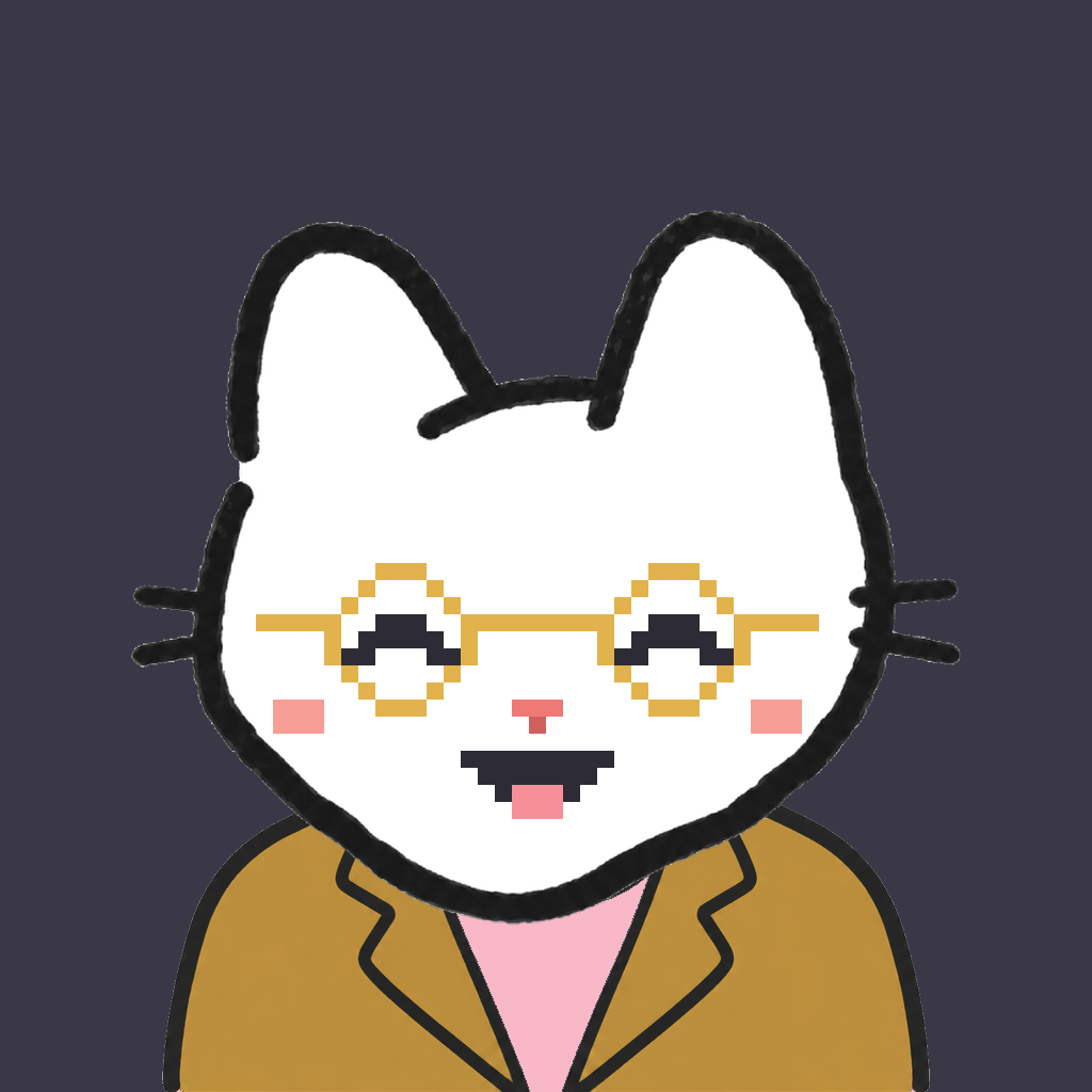 Employee #0538 — a white cat, in a mustard suit, wearing round-gold glasses, on charcoal