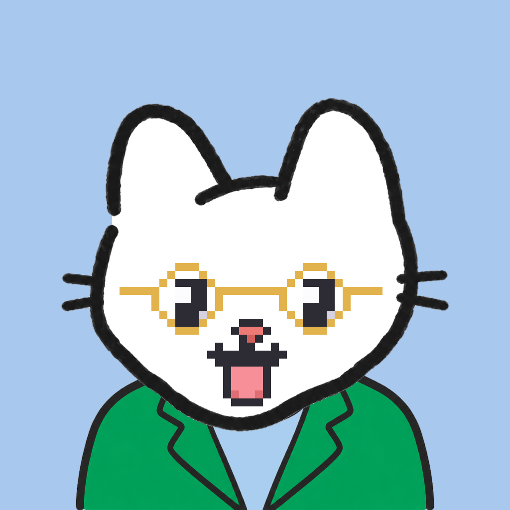 Employee #0539 — a white cat, in a green suit, wearing round-gold glasses, on sky