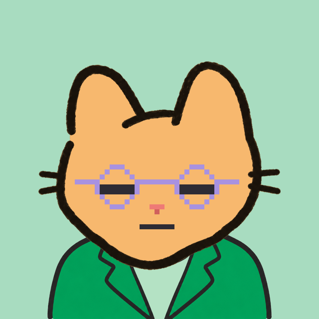 Employee #0054 — a tabby cat, in a green suit, wearing round-lavender glasses, on mint